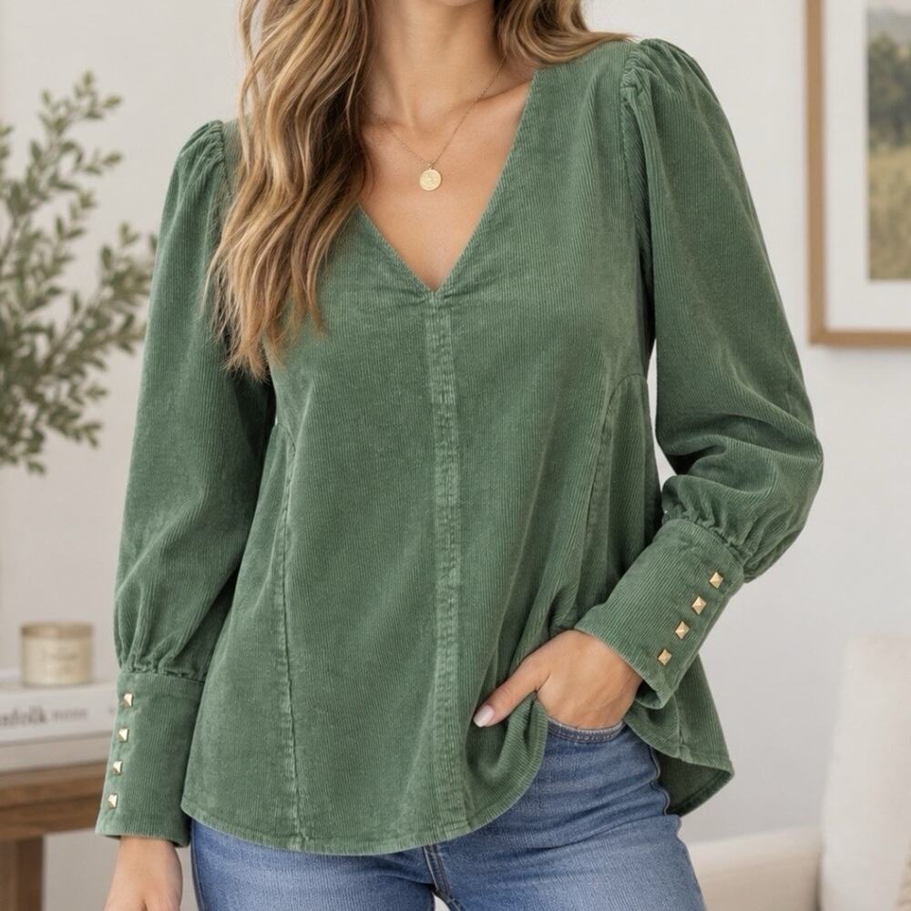 Tuckernuck Womens S Green Corduroy Tunic Top Puff Sleeve Gold Stud Cuff Babydoll